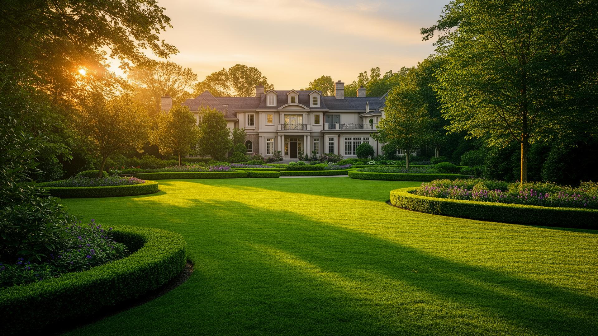 Manicured lawn at golden hour